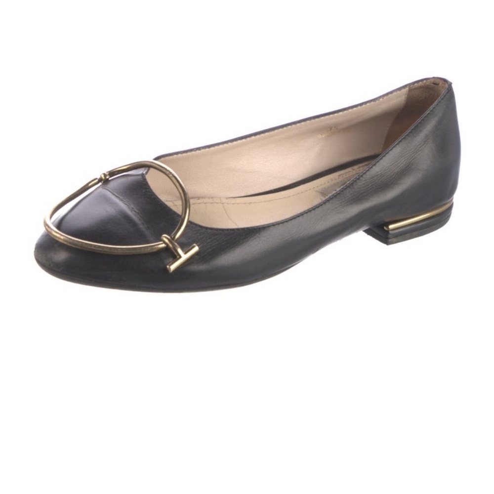 Tod's Ballerina Gomma Black Leather Flats with Gold Ring Detail Size 35/5 $795